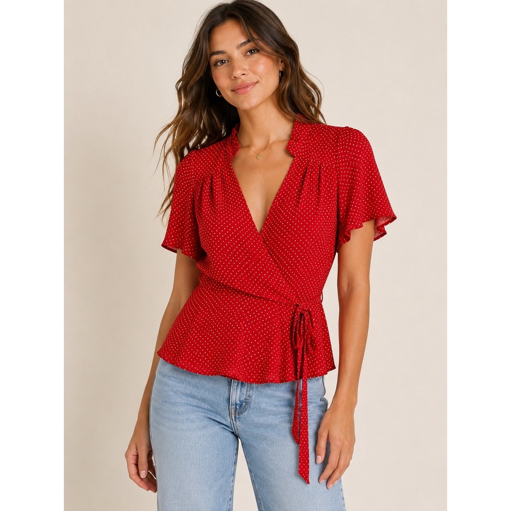 Monteau Los Angeles‎ Red Polka Dot Wrap Peplum Top Ruffle Neck Flutter Sleeve M